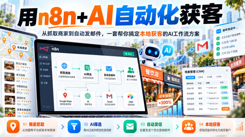 【无水印】用n8n+AI自动化获客,从抓取商家到自动发邮件,一套帮你搞定本地获客的AI工作流方案【原创双语字幕】-轻创社项目网