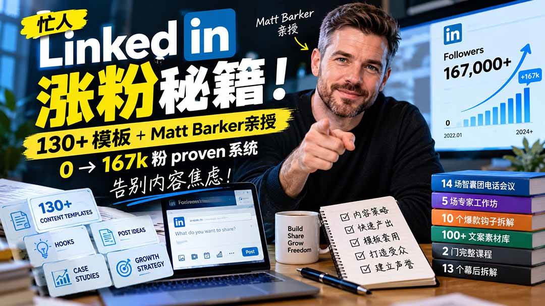 (21215期)【无水印】忙人LinkedI 涨粉秘籍!130+模板+Matt Barker亲授:0→167k粉proven系统,告别内容焦虑【原创双语字幕】-轻创社项目网