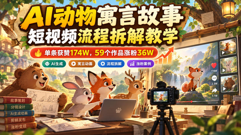 AI动物寓言故事短视频流程拆解教学,单条获赞174W,59个作品涨粉36W-轻创社项目网