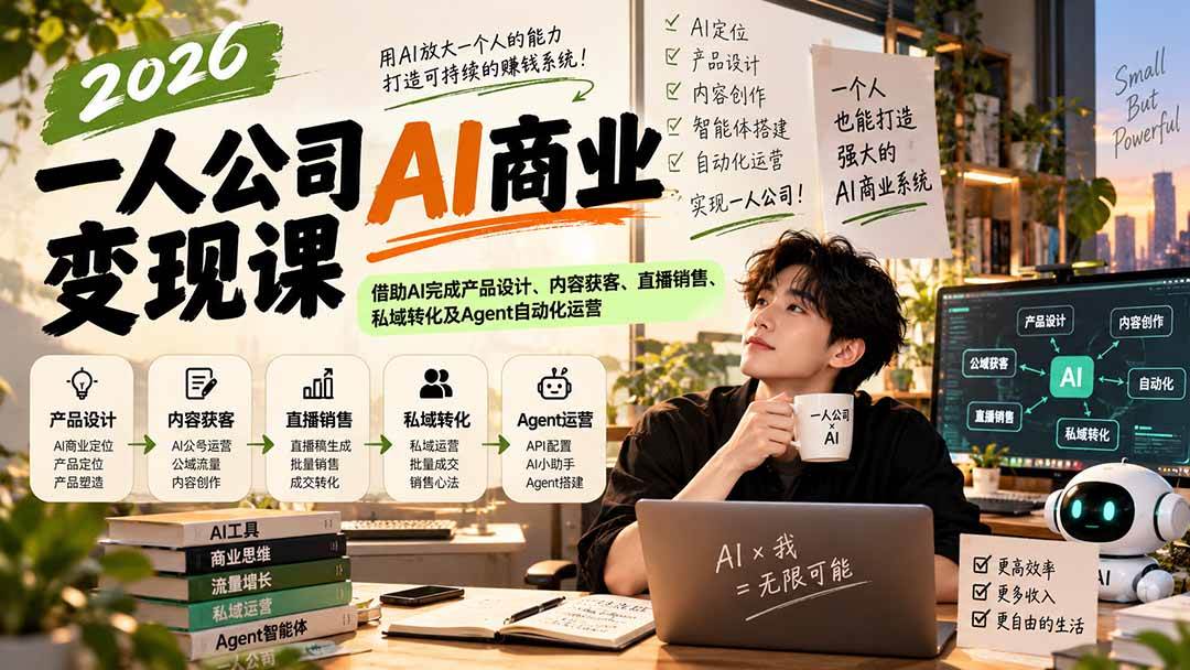 (20901期)2026一人公司AI商业变现课:借助AI完成产品设计、内容获客、直播销售、私域转化及Agent自动化运营-轻创社项目网