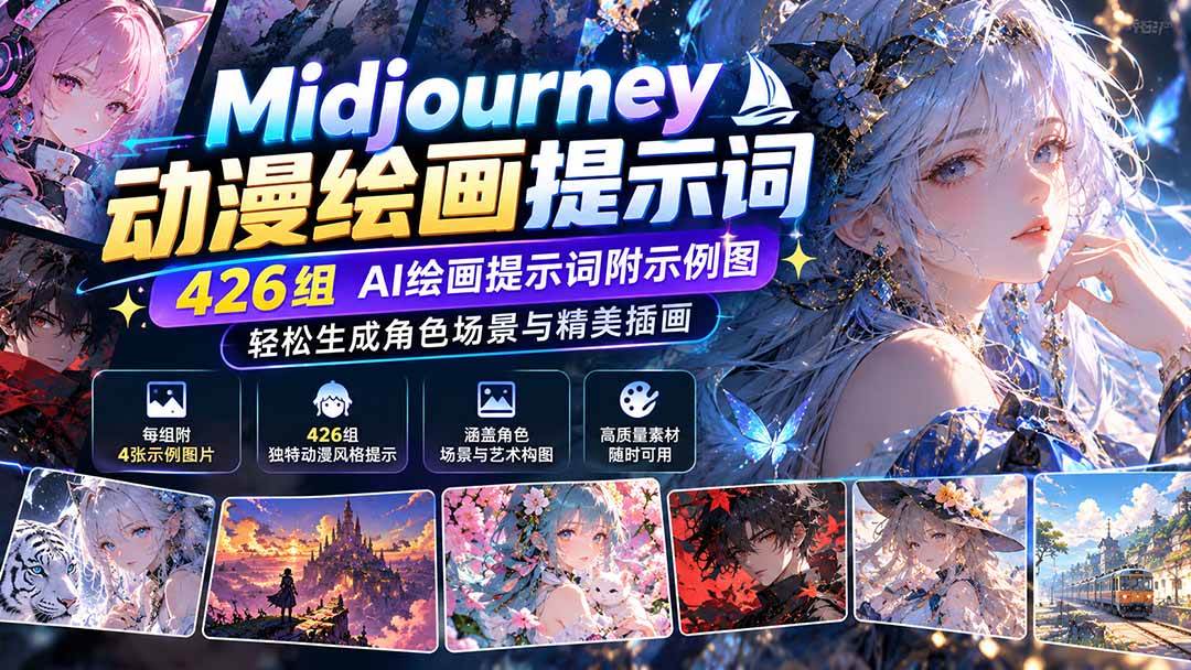 (21239期)Midjourney动漫绘画提示词:426组AI绘画提示词附示例图,轻松生成角色场景与精美插画-轻创社项目网
