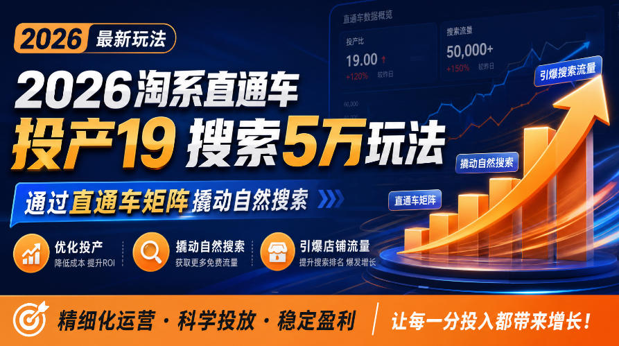 2026淘系直通车投产19搜索5万玩法,通过直通车矩阵撬动自然搜索,帮助商家优化投产,引爆店铺搜索流量-轻创社项目网