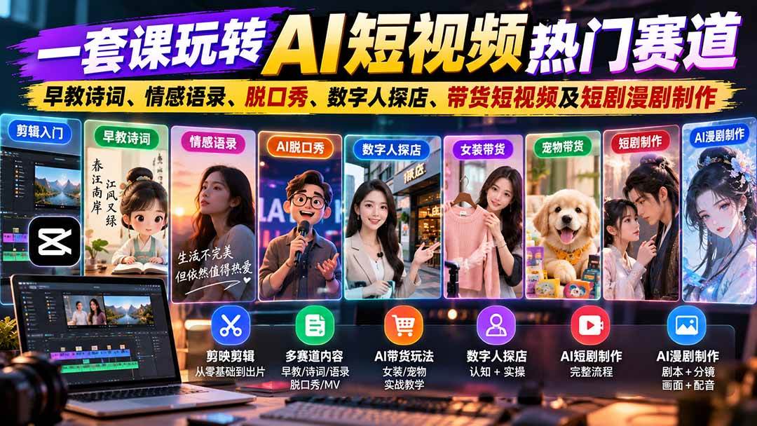 （20964期）一套课玩转AI短视频热门赛道：早教诗词、情感语录、脱口秀、数字人探店、带货短视频及短剧漫剧制作  复制标题-轻创社项目网