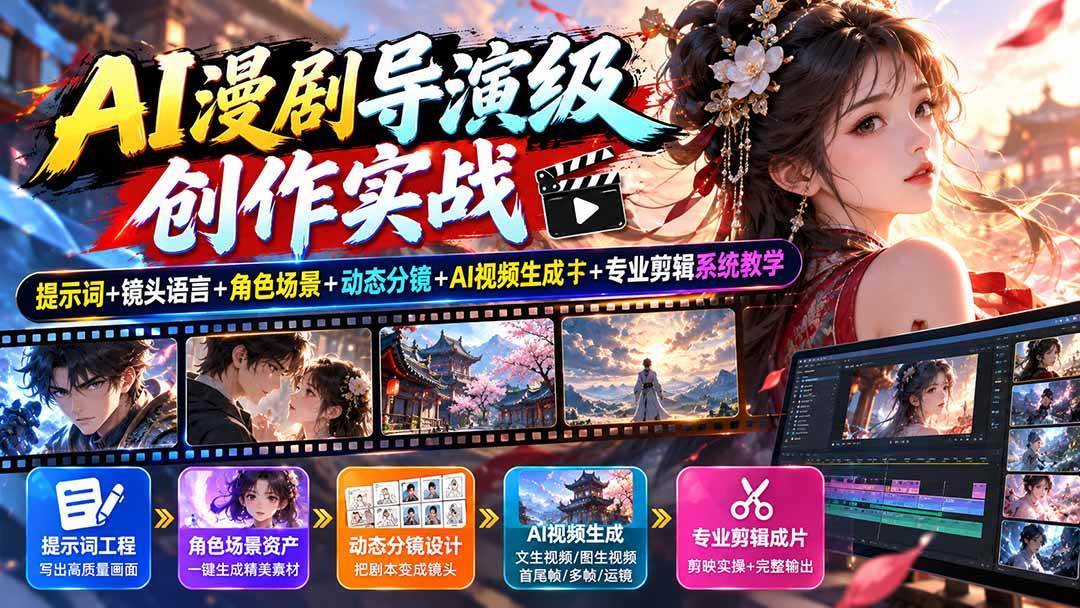 (20814期)AI漫剧导演级创作实战:提示词+镜头语言+角色场景+动态分镜+AI视频生成+专业剪辑系统教学-轻创社项目网