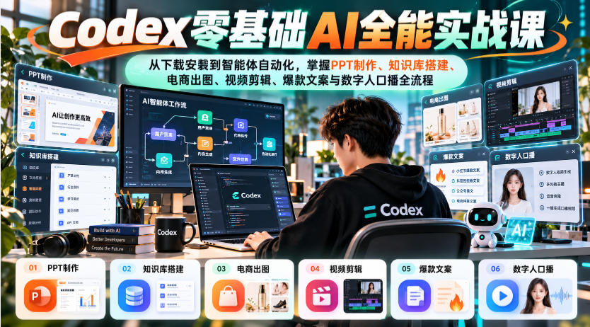Codex零基础AI全能实战课:从下载安装到智能体自动化,掌握知识库搭建、电商出图、视频剪辑、爆款文案与数字人口播全流程-轻创社项目网