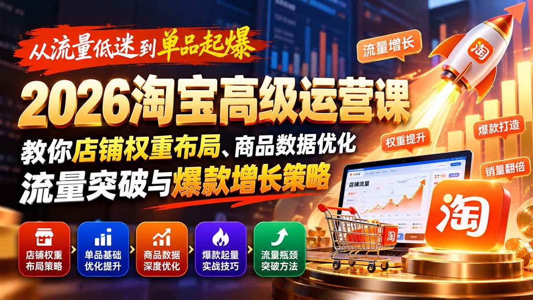 (20952期)从流量低迷到单品起爆:2026淘宝高级运营课教你店铺权重布局、商品数据优化、流量突破与爆款增长策略-轻创社项目网
