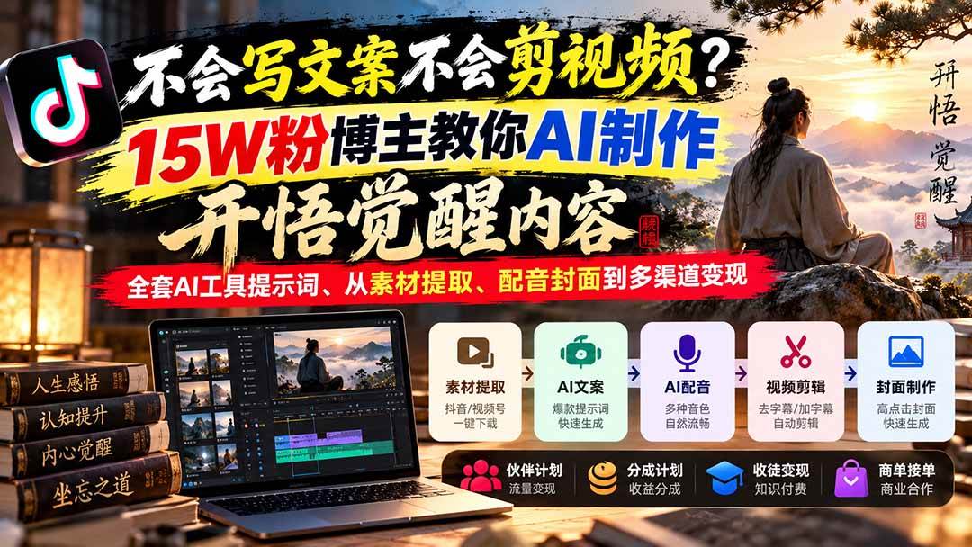 (21085期)不会写文案不会剪视频?15W粉博主教你AI制作开悟觉醒内容,全套AI工具提示词、从素材提取、配音封面到多渠道变现-轻创社项目网