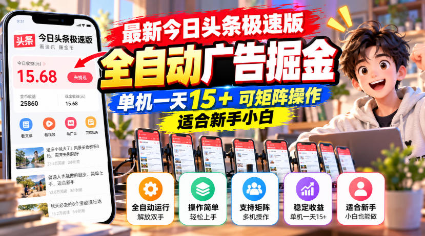 最新今日头条极速版全自动广告掘金,单机一天15+可矩阵操作适合新手小白-轻创社项目网