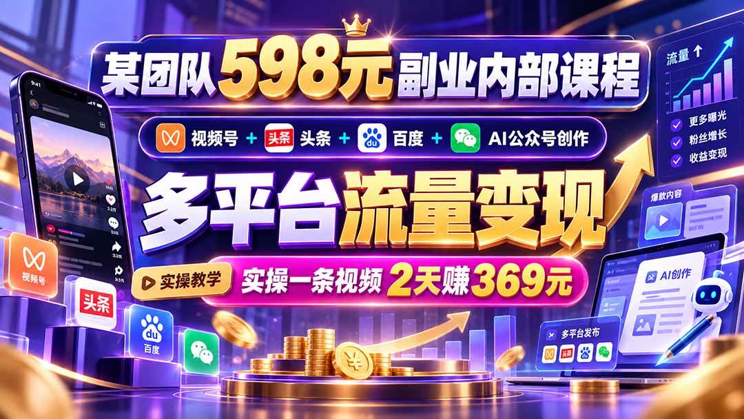 (21238期)某团队598元副业内部课程:视频号+头条+百度+AI公众号创作、多平台流量变现,实操一条视频2天赚369元-轻创社项目网