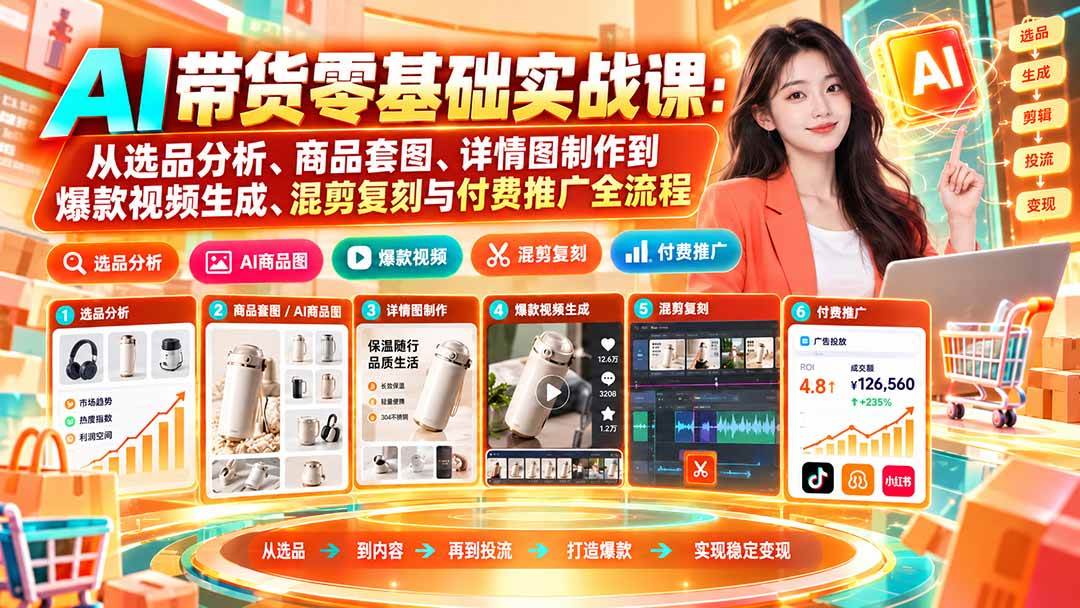 (20856期)AI带货零基础实战课:从选品分析、商品套图、详情图制作到爆款视频生成、混剪复刻与付费推广全流程-轻创社项目网