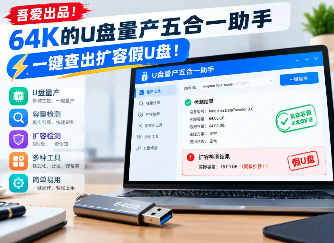 吾爱出品!64K的U盘量产五合一助手,一键查出扩容假U盘!-轻创社项目网