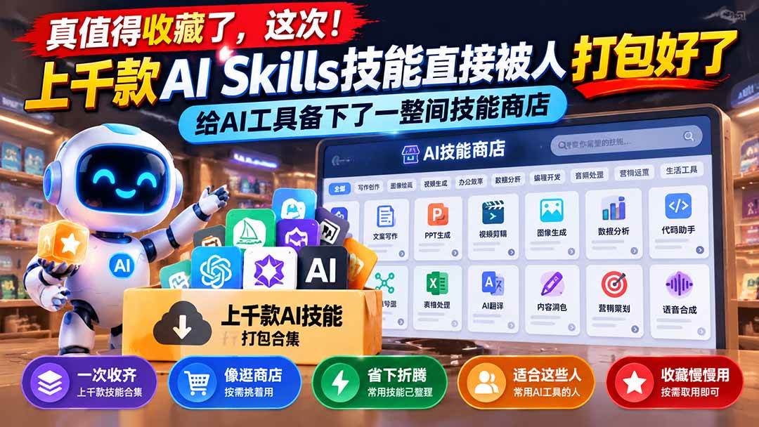 (21096期)真值得收藏了,这次!上千款AI Skills技能直接被人打包好了,给AI工具备下了一整间技能商店-轻创社项目网