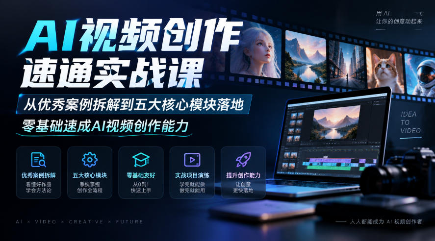 AI视频创作速通实战课|从优秀案例拆解到五大核心模块落地,零基础速成AI视频创作能力-轻创社项目网