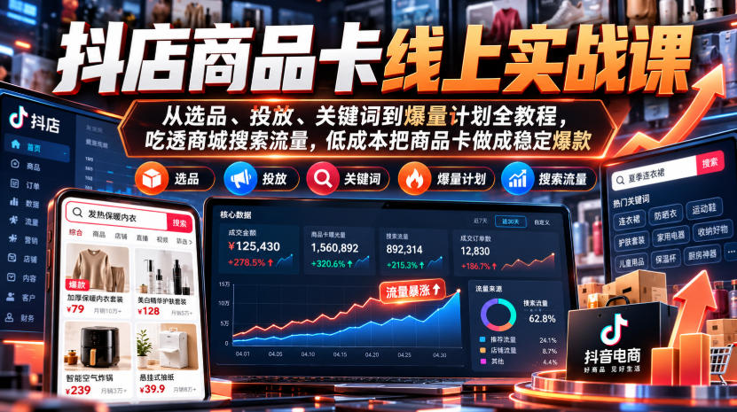 抖店商品卡线上实战课｜从选品、投放、关键词到爆量计划全教程，吃透商城搜索流量，低成本把商品卡做成稳定爆款