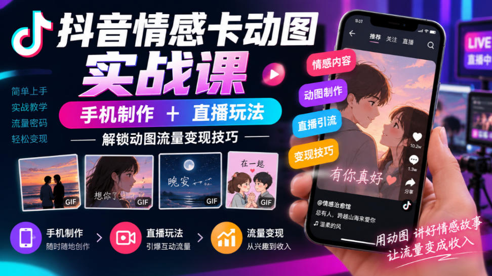 抖音情感卡动图实战课|手机制作+直播玩法,解锁动图流量变现技巧-轻创社项目网