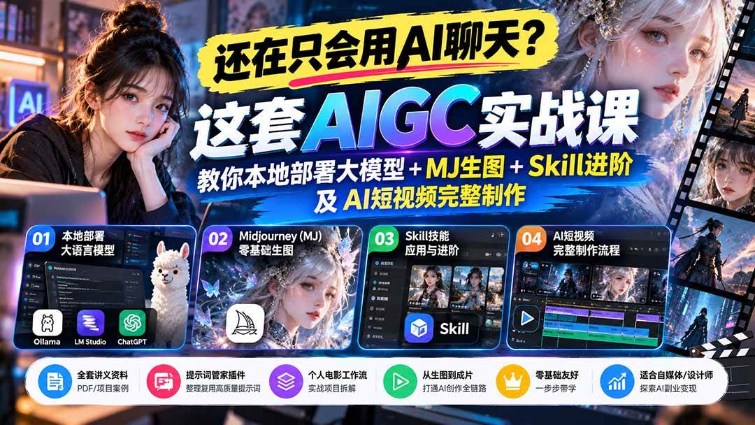 (21135期)【无水印】还在只会用AI聊天?这套AIGC实战课教你本地部署大模型+MJ生图+Skill进阶及AI短视频完整制作-轻创社项目网