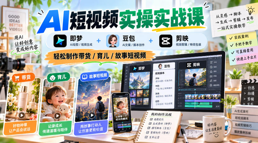 AI短视频实操实战课,即梦+豆包+剪映,轻松制作带货/育儿/故事短视频-轻创社项目网