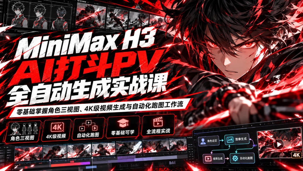 MiniMax H3 AI打斗PV全自动生成实战课：零基础掌握角色三视图、4K级视频生成与自动化跑图工作流-轻创社项目网