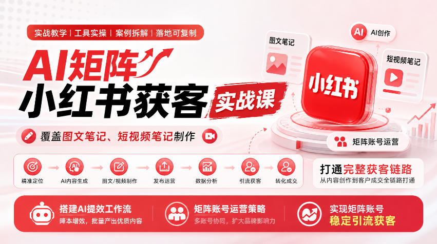 AI矩阵小红书获客实战课,覆盖图文笔记、短视频笔记制作,打通完整获客链路,搭建AI提效工作流,实现矩阵账号稳定引流获客-轻创社项目网
