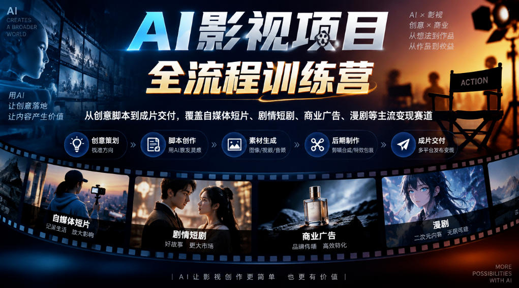 AI影视项目全流程训练营,从创意脚本到成片交付,覆盖自媒体短片、剧情短剧、商业广告、漫剧等主流变现赛道-轻创社项目网