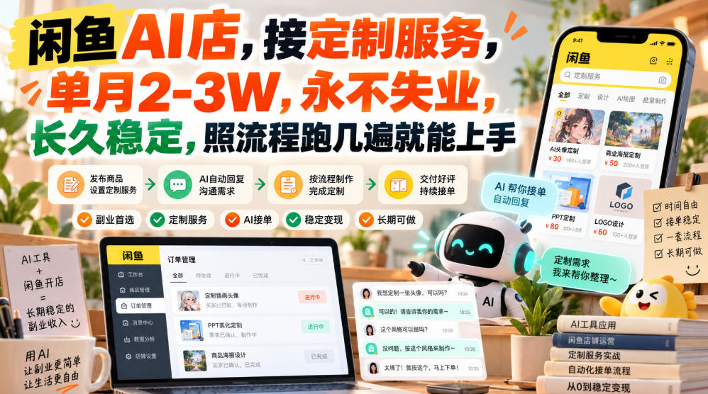 闲鱼AI店,接定制服务,单月2-3W,永不失业,长久稳定,照流程跑几遍就能上手-轻创社项目网
