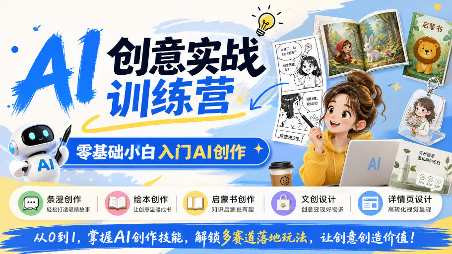 AI创意实战训练营,零基础小白入门AI创作,解锁条漫、绘本、启蒙书、文创、详情页多赛道落地玩法-轻创社项目网