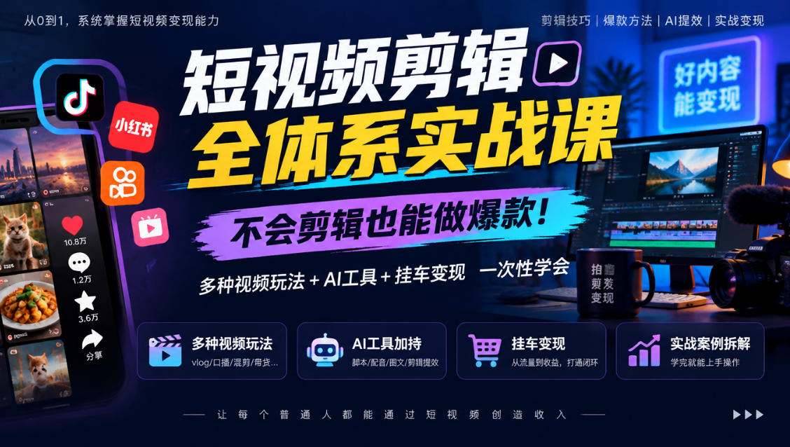 短视频剪辑全体系实战课,不会剪辑也能做爆款,多种视频玩法+AI工具+挂车变现一次性学-轻创社项目网