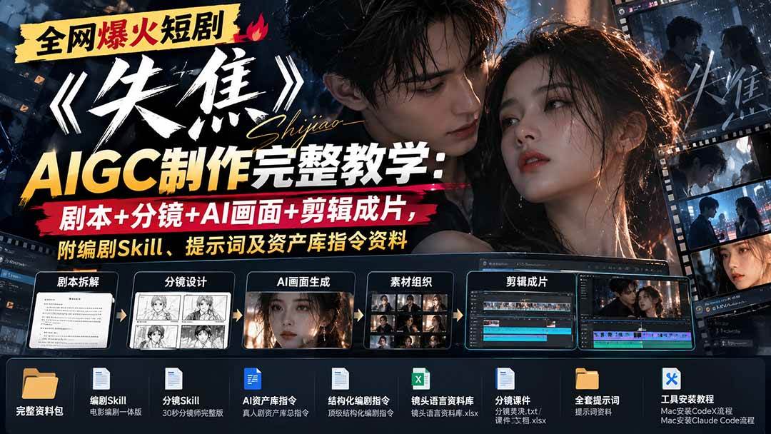 (20805期)全网爆火短剧《失焦》AIGC制作完整教学:剧本+分镜+AI画面+剪辑成片,附编剧Skill、提示词及资产库指令资料-轻创社项目网
