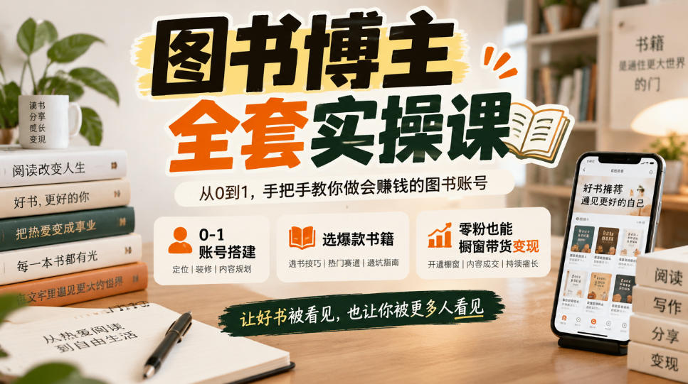 图书博主全套实操课,0‑1账号搭建,选爆款书籍,零粉也能橱窗带货变现-轻创社项目网