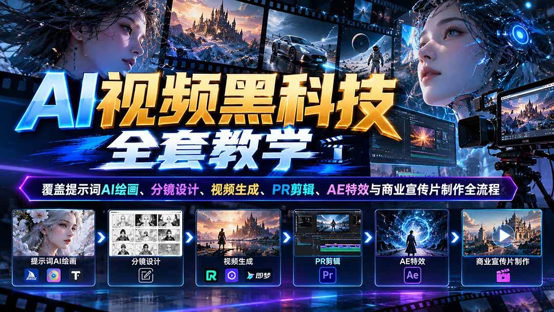 (21095期)AI视频黑科技全套教学:覆盖提示词AI绘画、分镜设计、视频生成、PR剪辑、AE特效与商业宣传片制作全流程-轻创社项目网