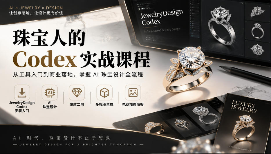 珠宝人的Codex实战课程|JewelryDesign Codex安装入门、AI珠宝设计、爆款二创、多视图生成、电商精修海报全链路教学-轻创社项目网