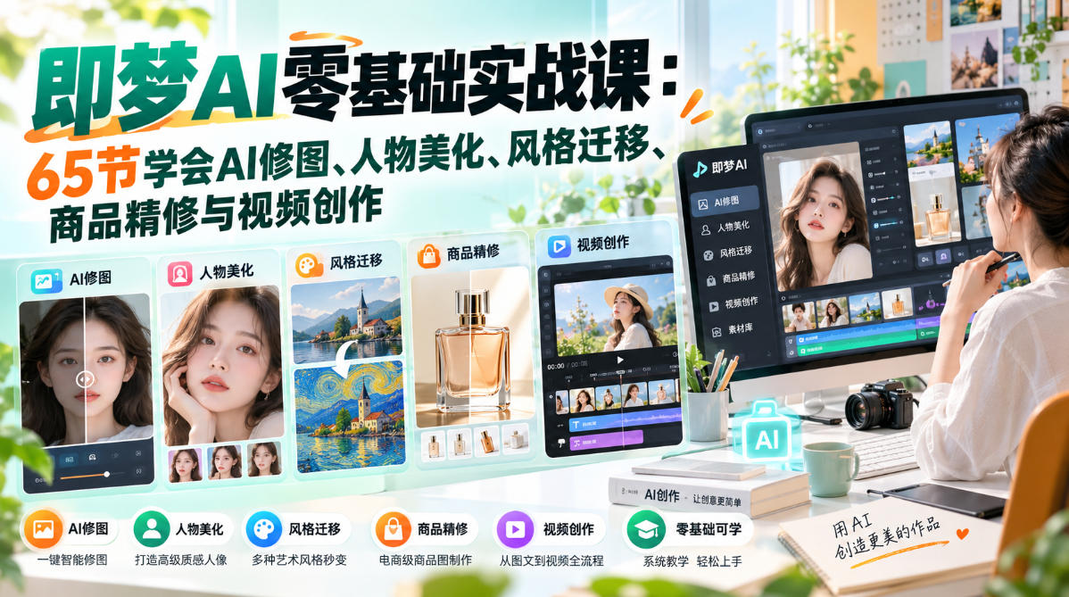 即梦AI零基础实战课：65节学会AI修图、人物美化、风格迁移、商品精修与视频创作-轻创社项目网
