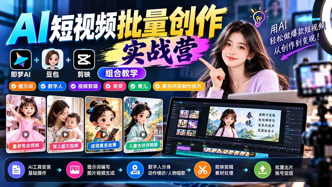 (21039期)【无水印】AI短视频批量创作实战营:即梦+豆包+剪映组合教学,提示词/数字人/视频剪辑/带货/育儿/寓言内容制作技巧-轻创社项目网