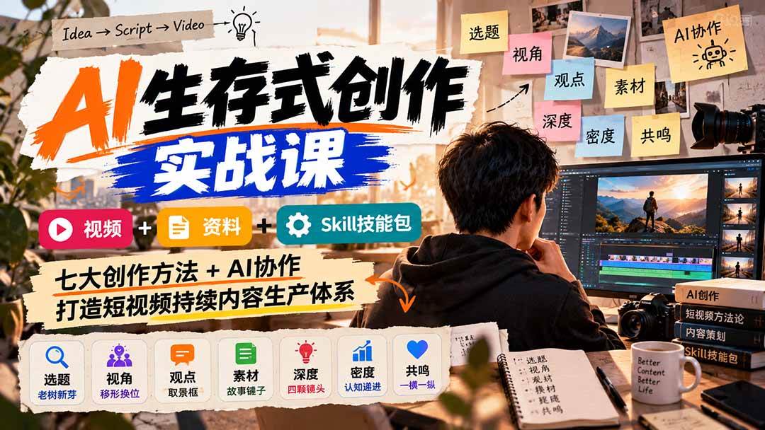 (21081期)AI生存式创作实战课:视频+资料+Skill技能包,七大创作方法+AI协作,打造短视频持续内容生产体系-轻创社项目网