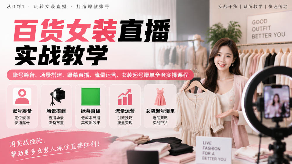 百货女装直播实战教学|账号筹备、场景搭建、绿幕直播、流量运营、女装起号爆单全套实操课程-轻创社项目网