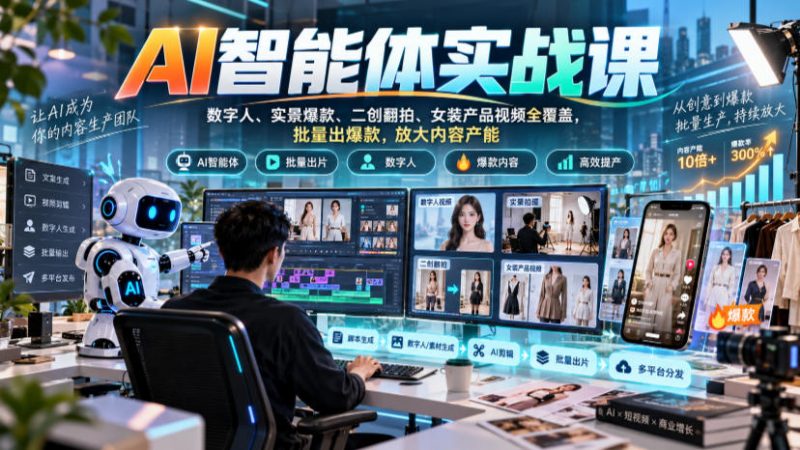 AI智能体实战课,数字人、实景爆款、二创翻拍、女装产品视频全覆盖,批量出爆款,放大内容产能-轻创社项目网
