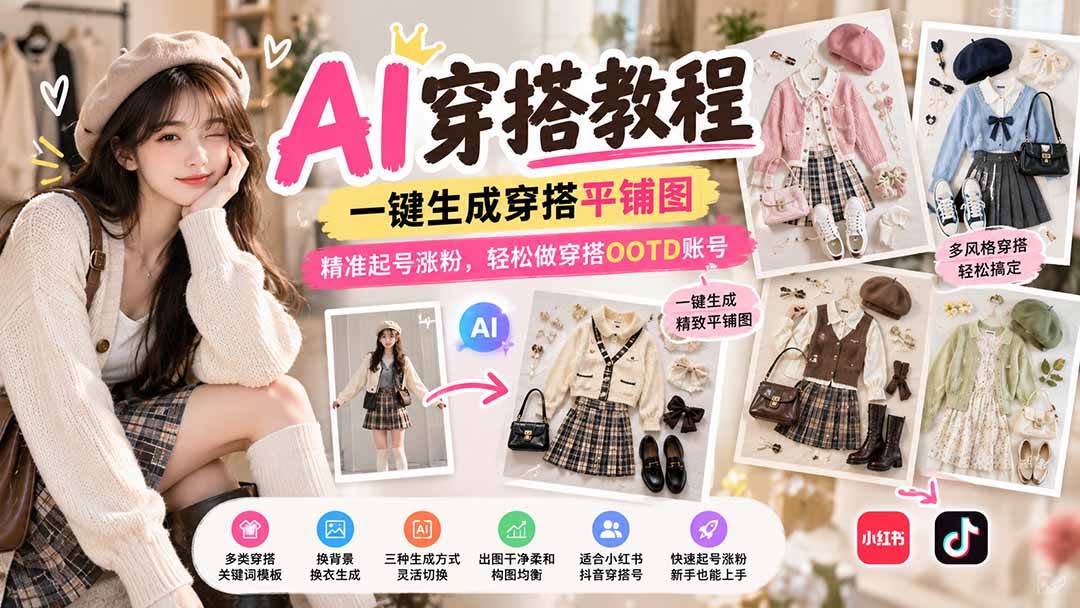 (21134期)【无水印】AI穿搭教程|一键生成穿搭平铺图,精准起号涨粉,轻松做穿搭OOTD账号-轻创社项目网