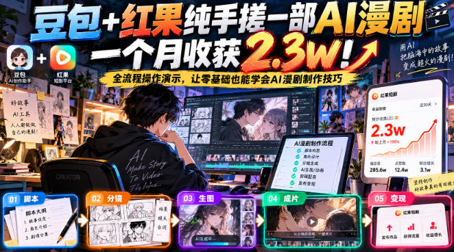 豆包+红果纯手搓一部AI漫剧一个月收获2.3w!全流程操作演示,让零基础也能学会AI漫剧制作技巧-轻创社项目网