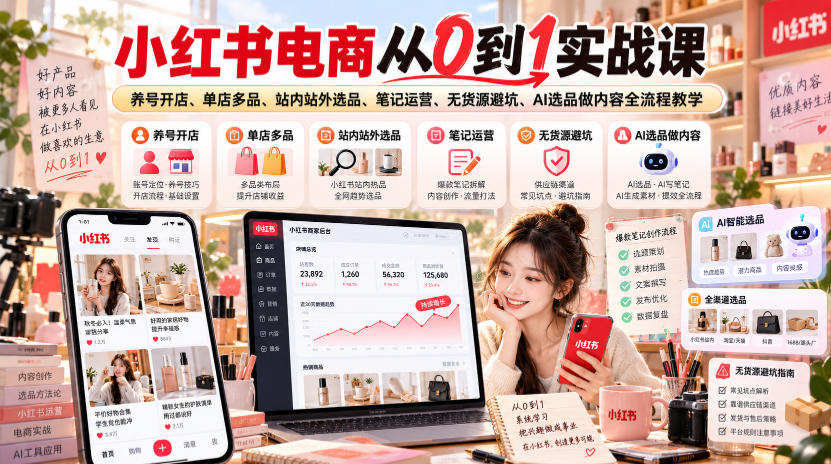小红书电商从0到1实战课|养号开店、单店多品、站内站外选品、笔记运营、无货源避坑、AI选品做内容全流程教学-轻创社项目网