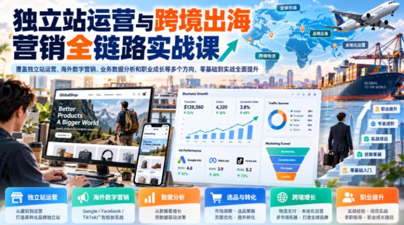 独立站运营与跨境出海营销全链路实战课,覆盖独立站运营、海外数字营销、业务数据分析和职业成长等多个方向,零基础到实战全面提升-轻创社项目网