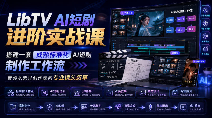 LibTV AI短剧进阶实战课,搭建一套成熟标准化AI短剧制作工作流,带你从素材创作走向专业镜头叙事(更新)-轻创社项目网