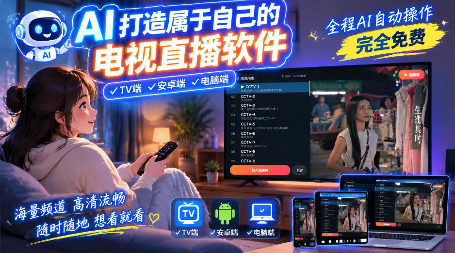 一个提示词，AI全自动做出电视直播软件，电脑、安卓、电视三端通用，完全免费，画质流畅不卡顿-轻创社项目网
